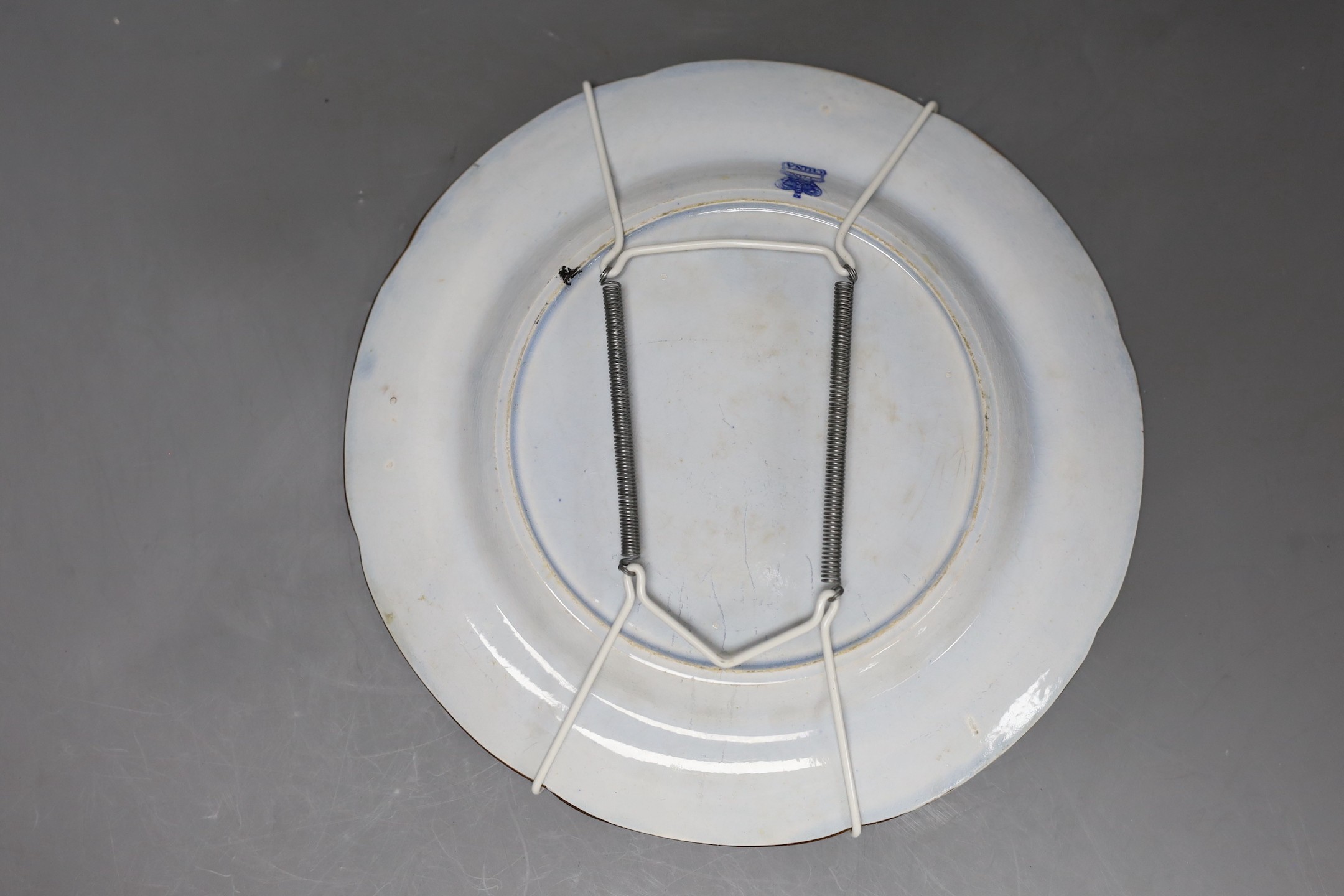 An stone china plate and a pair of Coalport floral plates, c.1815, Ironstone plate 22cms diameter